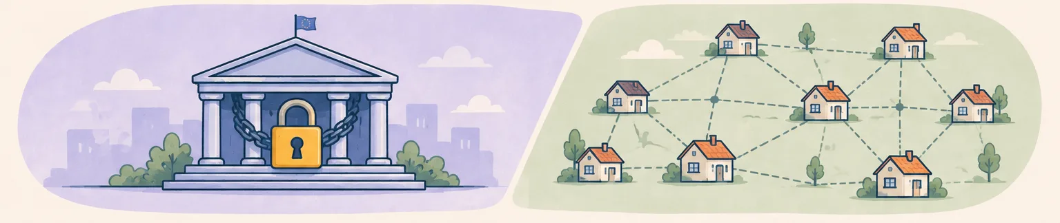 D'un côté, un siège central fermé d'un cadenas. De l'autre, une toile de maisons reliées entre elles, sans QG.